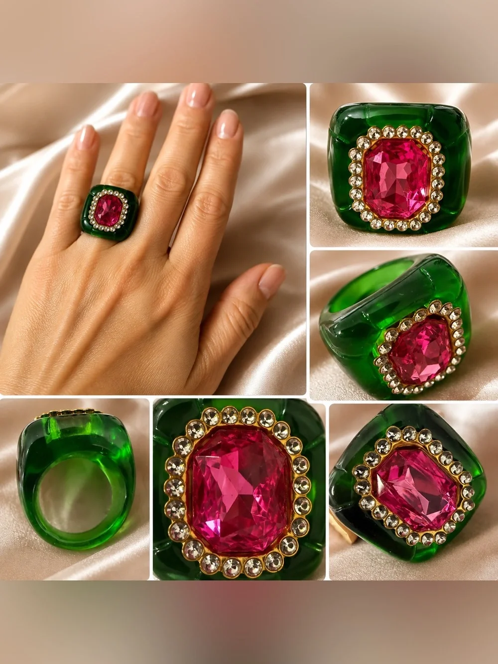 Italian Luxury Jewelry Green Statement Ring Pink Crystal Rhinestone Size 7.5